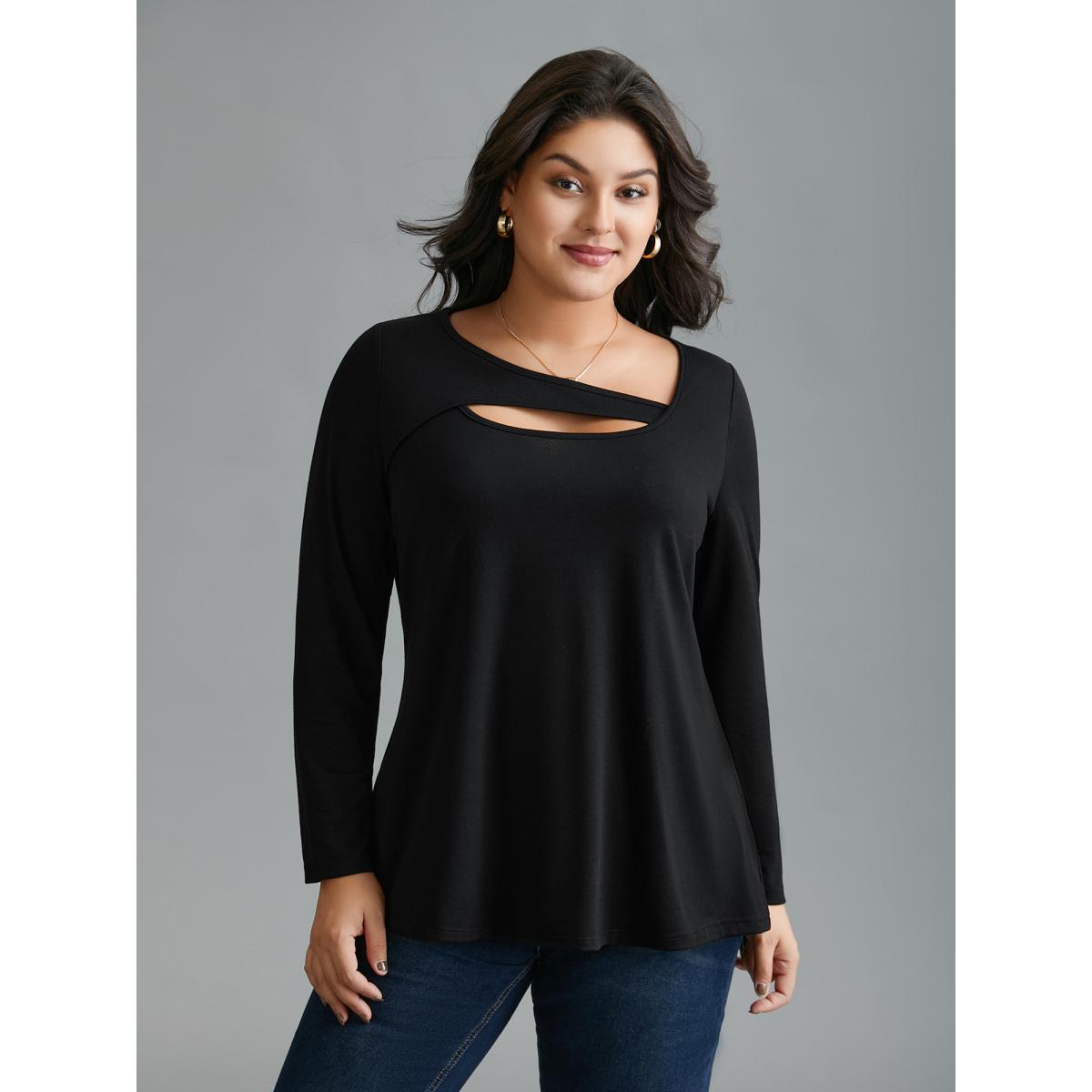 Plus Size Asymmetrical Neckline Long Sleeve T-shirt Black Women Casual Cut-Out Asymmetrical Neck Everyday T-shirts BloomChic 18-20/2X Product Image