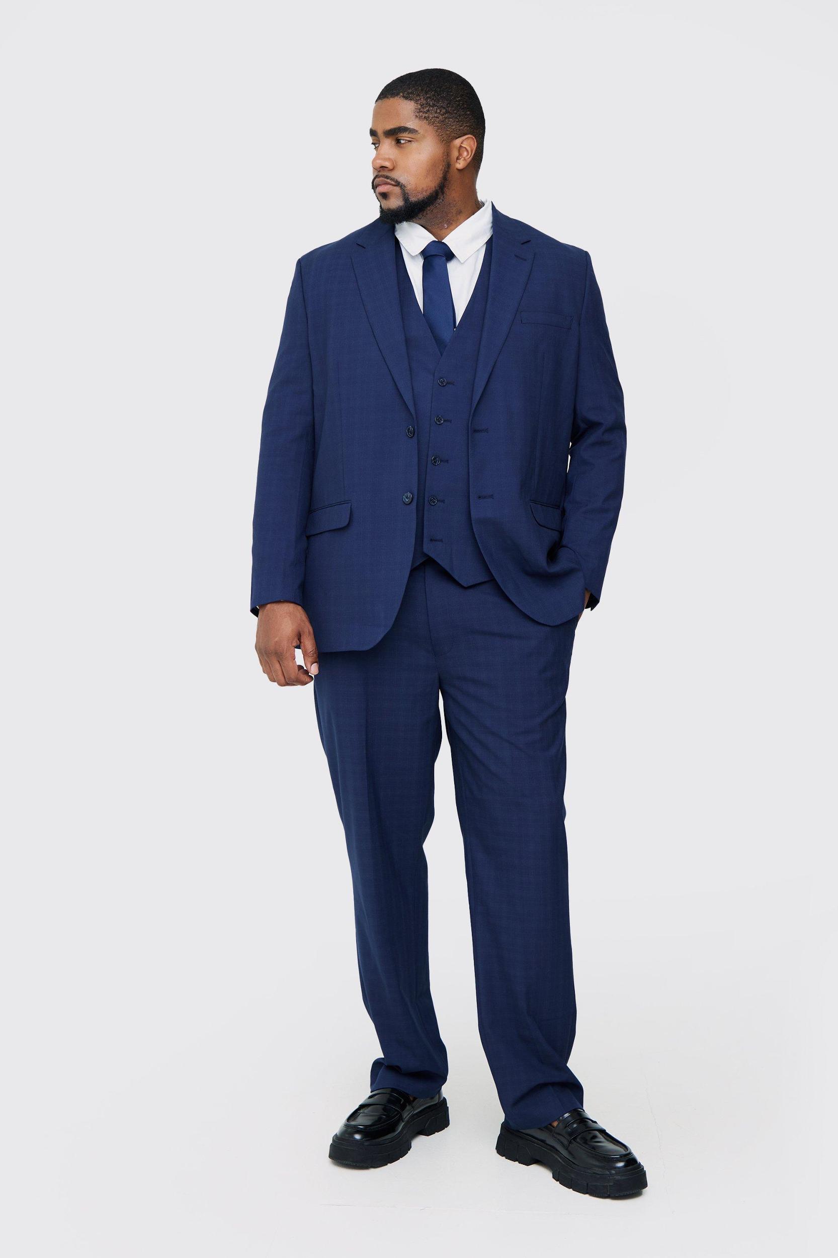 Plus Dark Blue Plaid Regular Fit Suit Pants | boohooMAN USA Product Image