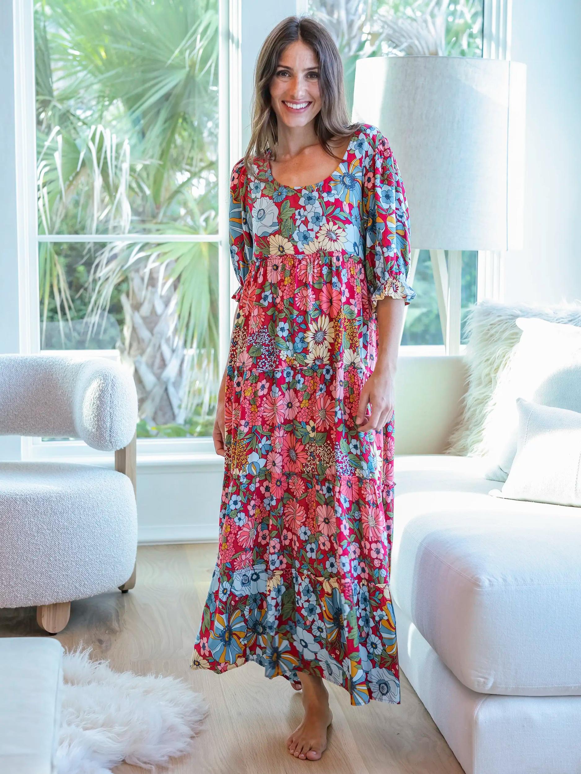Collette Tiered Maxi Dress - Blue Red Floral Product Image