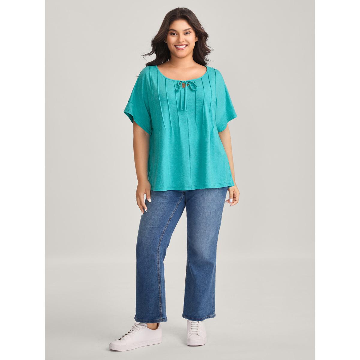 Plus Size Pleated Neck-Tie Solid T-Shirt Arctic Women Leisure Tucked seam Round Neck Casual T-shirts BloomChic 10/M Product Image