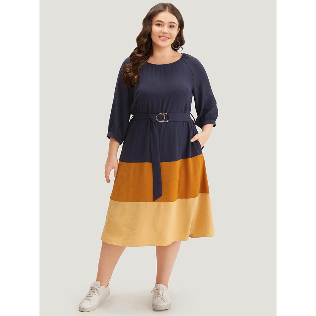 Plus Size Colorblock Contrast Metal Detail Lantern Sleeve Dress Midnight Women Casual Gathered Round Neck Elbow-length sleeve Curvy Midi Dress BloomChic 12/L Product Image