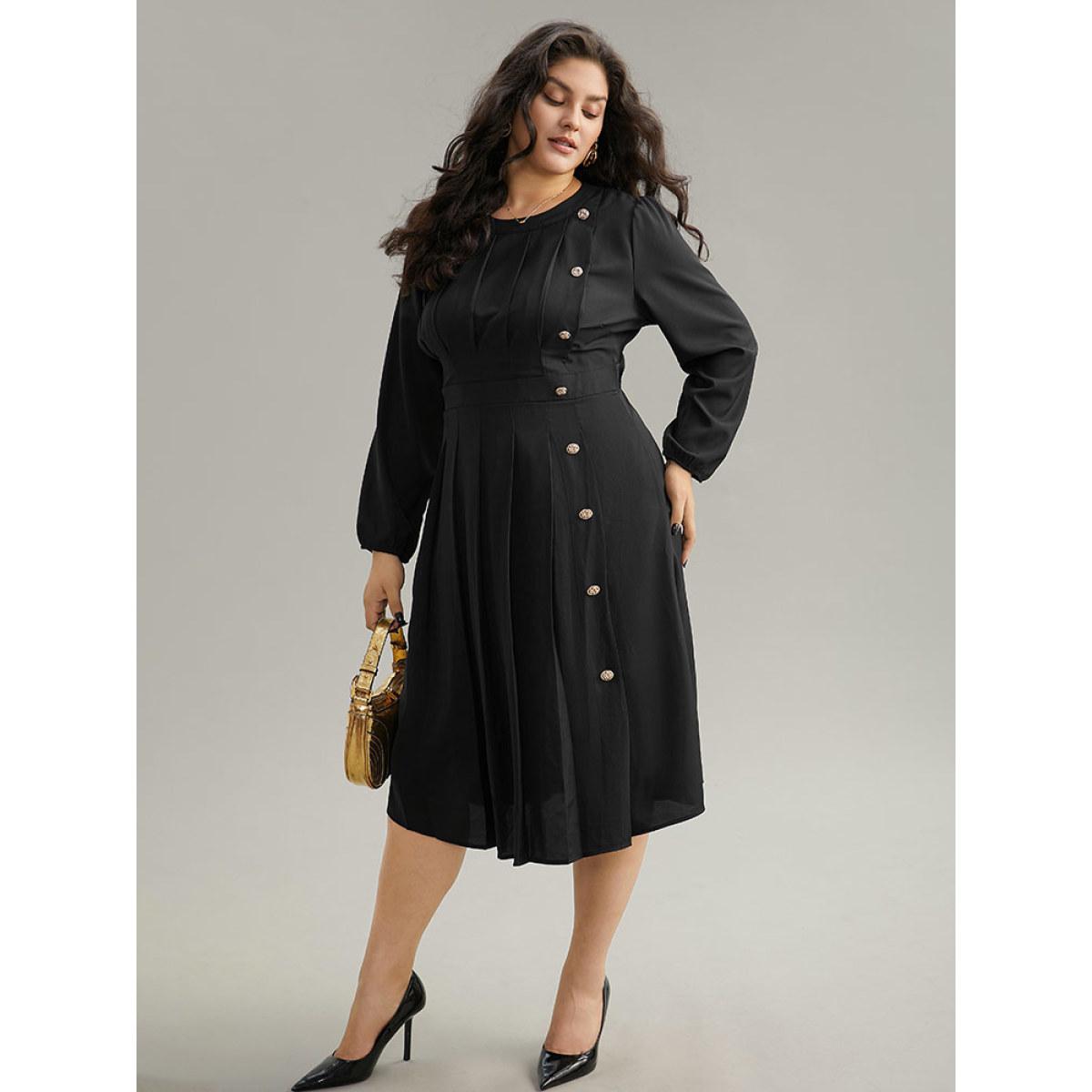 Plus Size Static-Free Metal Detail Plicated Detail Dress Black Women Office Elastic cuffs Round Neck Long Sleeve Curvy Midi Dress BloomChic 10/M Product Image
