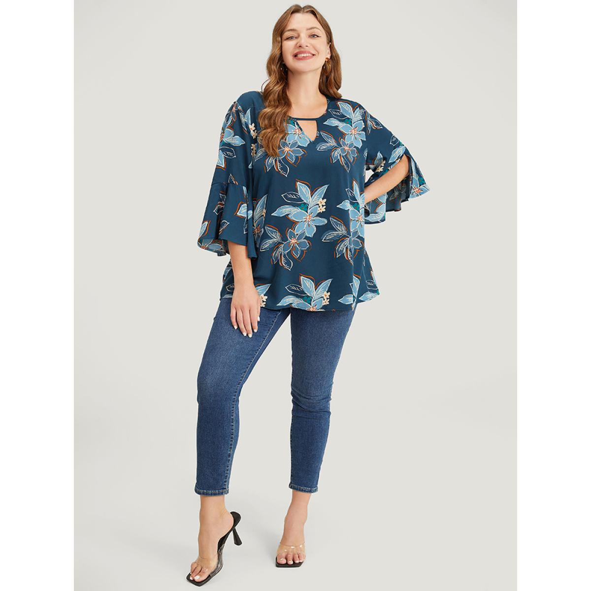 Plus Size Aegean Floral Print Keyhole Neck Split Bell Sleeve Blouse Women Elegant Elbow-length sleeve Round Neck Dailywear Blouses BloomChic 18-20/2X Product Image