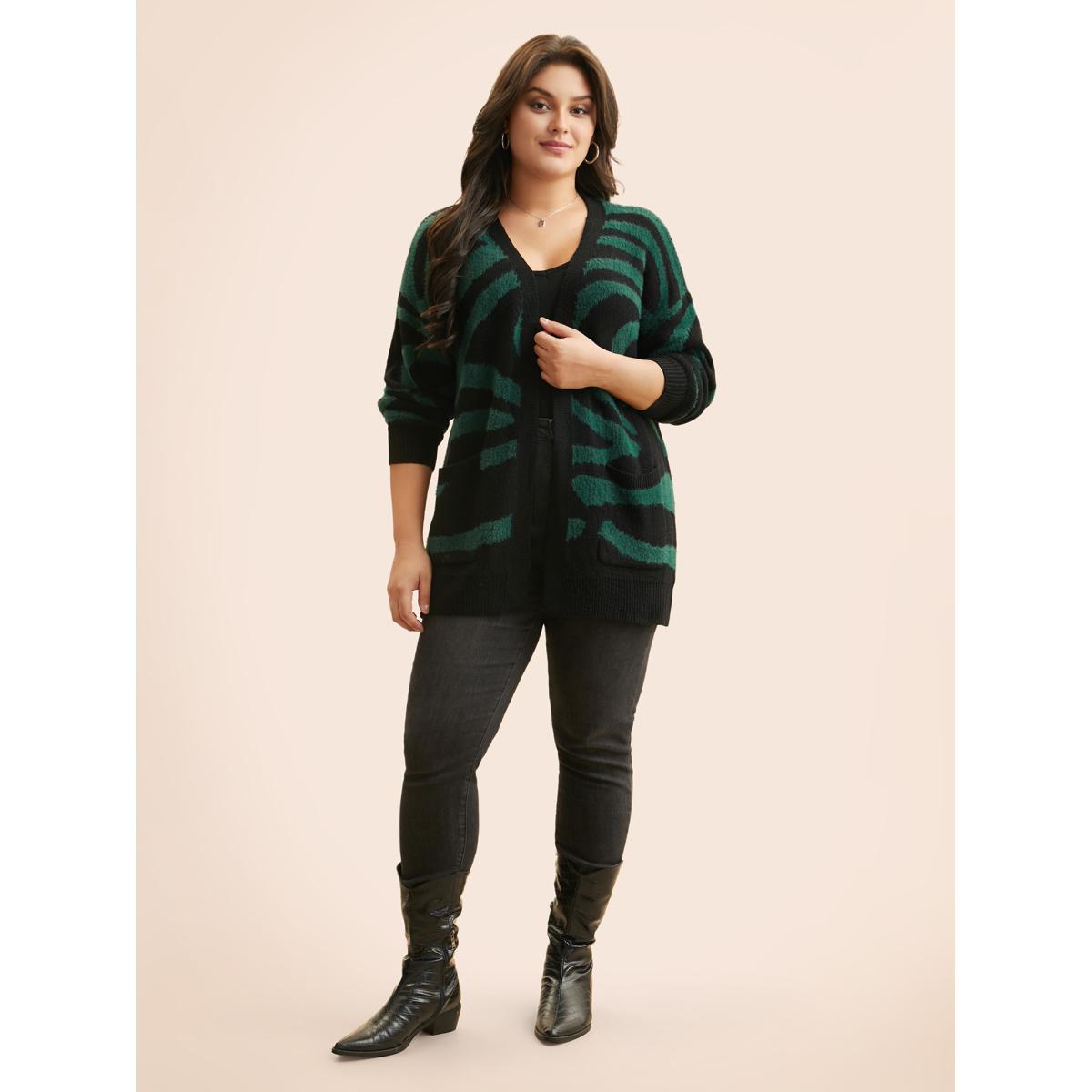 Plus Size Zebra Jacquard Drop Shoulder Cardigan ArmyGreen Women Leisure Loose Long Sleeve Casual Cardigans BloomChic 28/5X Product Image