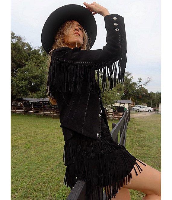 Scully Suede Leather Whipstitch Collar Fringe Jacket Product Image