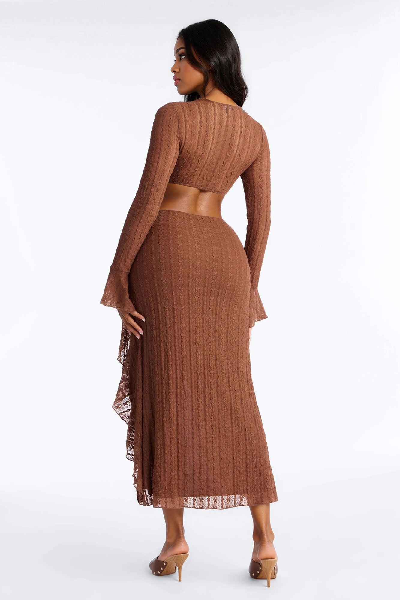 Sashira Ruffle Lace Maxi Dress - Chocolate Female Product Image