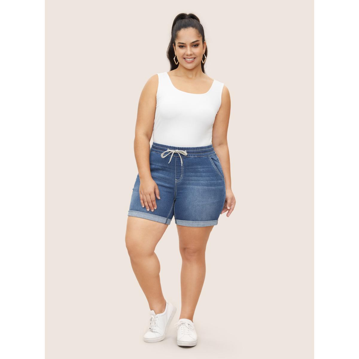 Plus Size Roll Hem Elastic Waist Drawstring Denim Shorts Women Denimlightblue Drawstring High stretch Everyday Slanted pocket Casual Denim Shorts BloomChic 20/2X Product Image