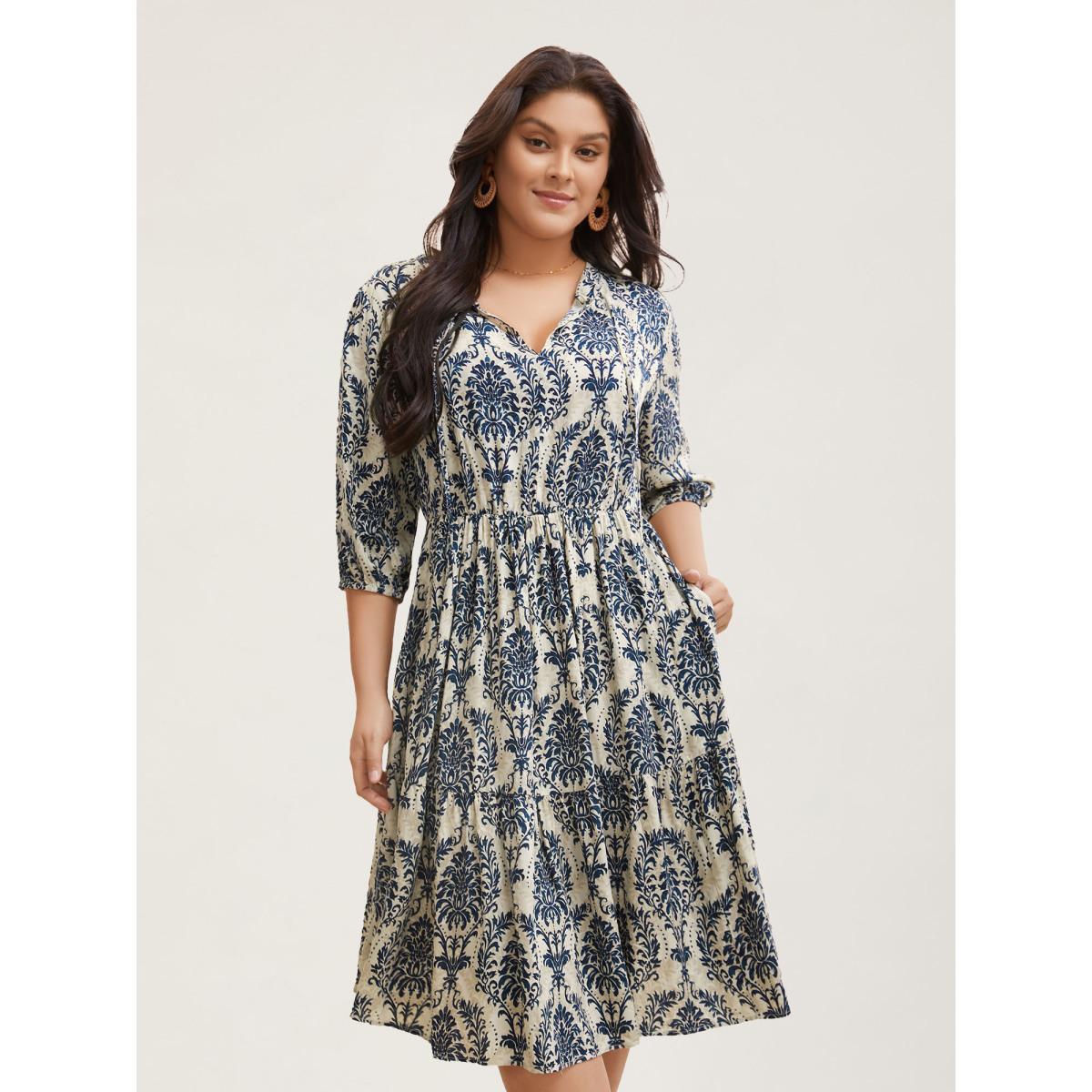 Plus Size Damask Print Tie Knot Puff Sleeve Dress DarkBlue Women Resort Tie knot V-neck Elbow-length sleeve Curvy BloomChic 22-24/3X Product Image