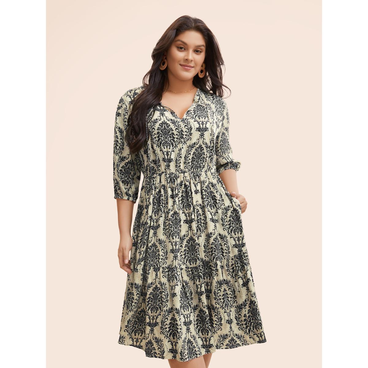 Plus Size Damask Print Tie Knot Puff Sleeve Dress Black Women Resort Tie knot V-neck Elbow-length sleeve Curvy BloomChic 28/5X Product Image