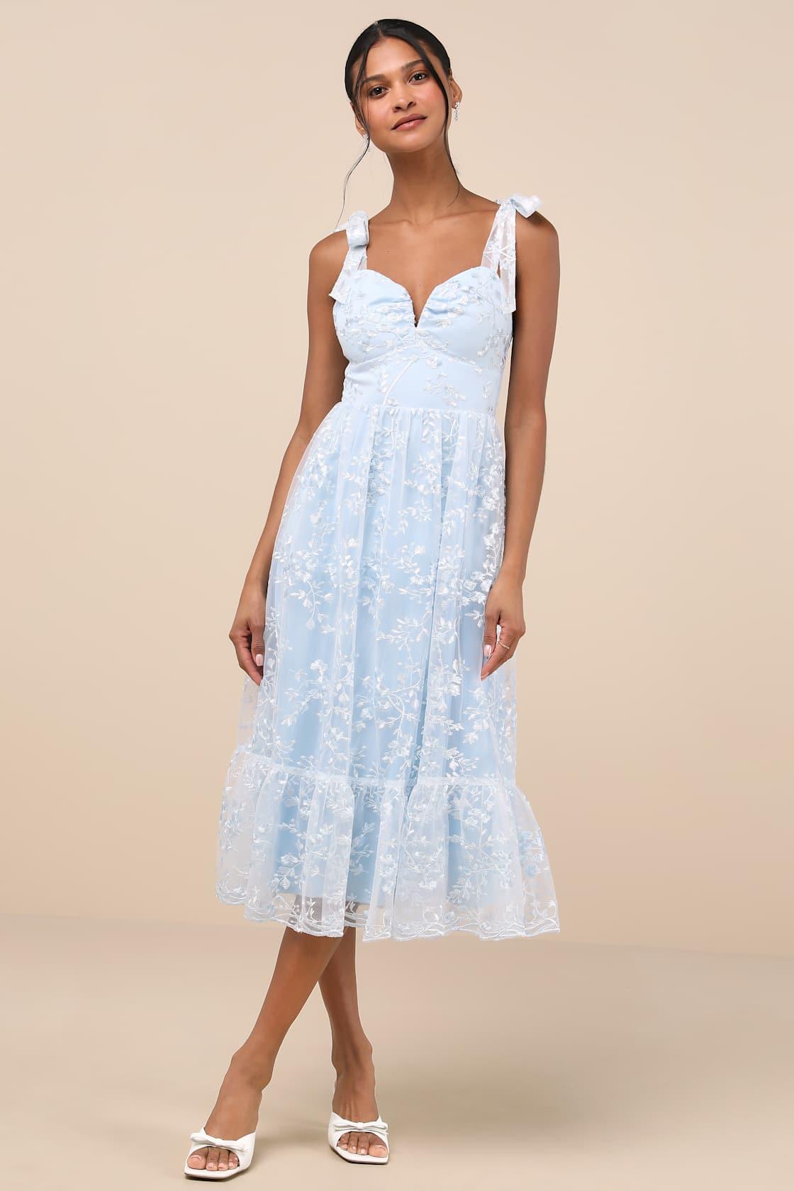 Distinctly Sweet Blue Floral Embroidered Tie-Strap Midi Dress Product Image
