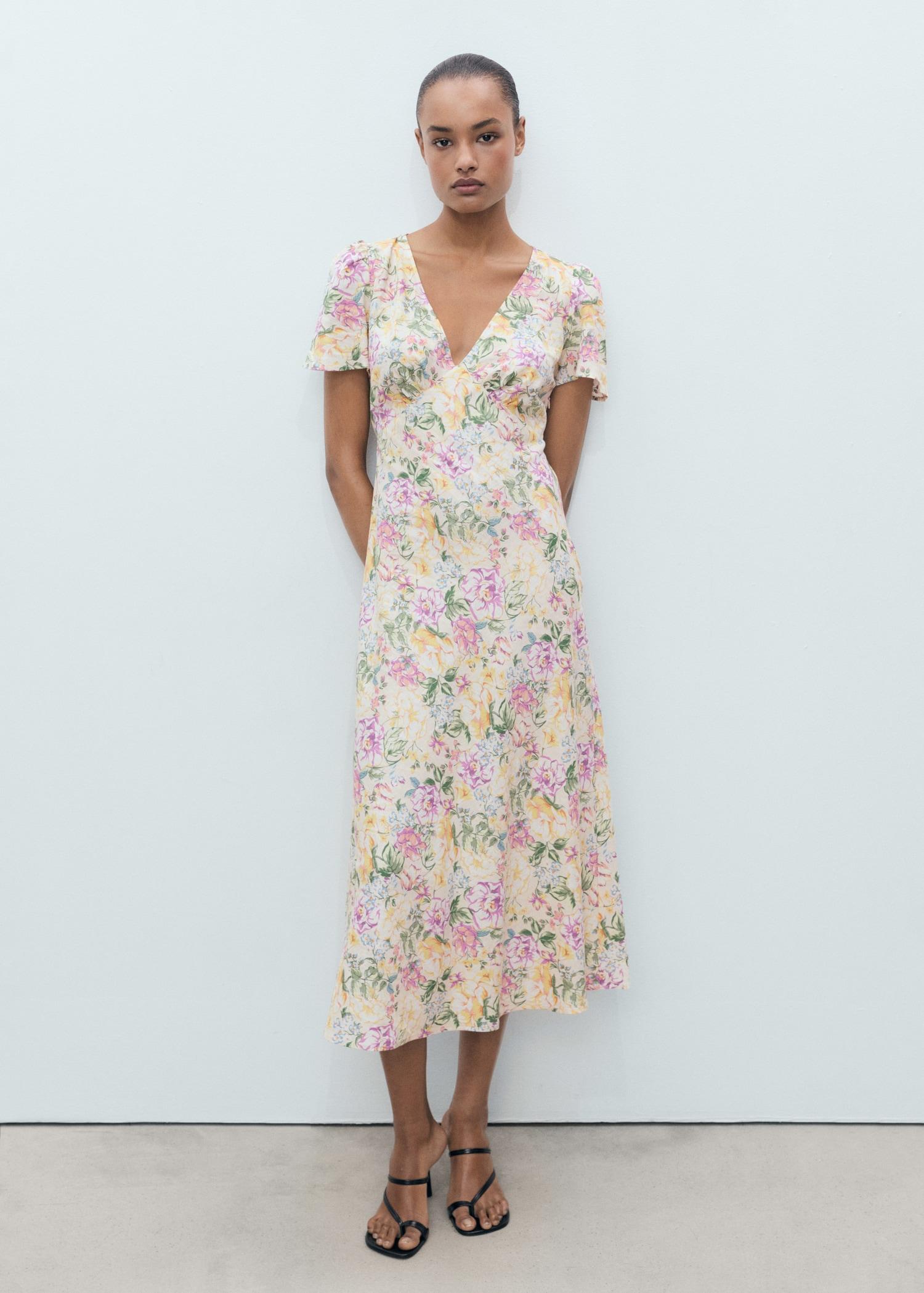 Floral linen-blend dress - Women | MANGO USA Product Image
