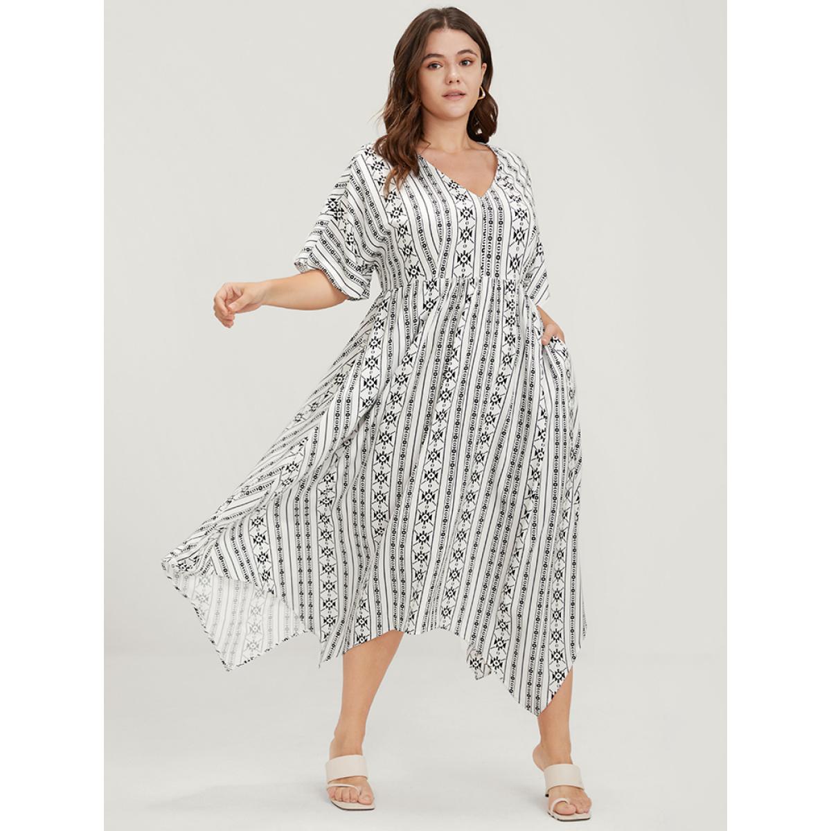 Plus Size Striped Dolman Sleeve Pocket Hanky Hem Dress White Women Vacation Elastic Waist V-neck Half Sleeve Curvy Midi Dress BloomChic 30/6X Product Image