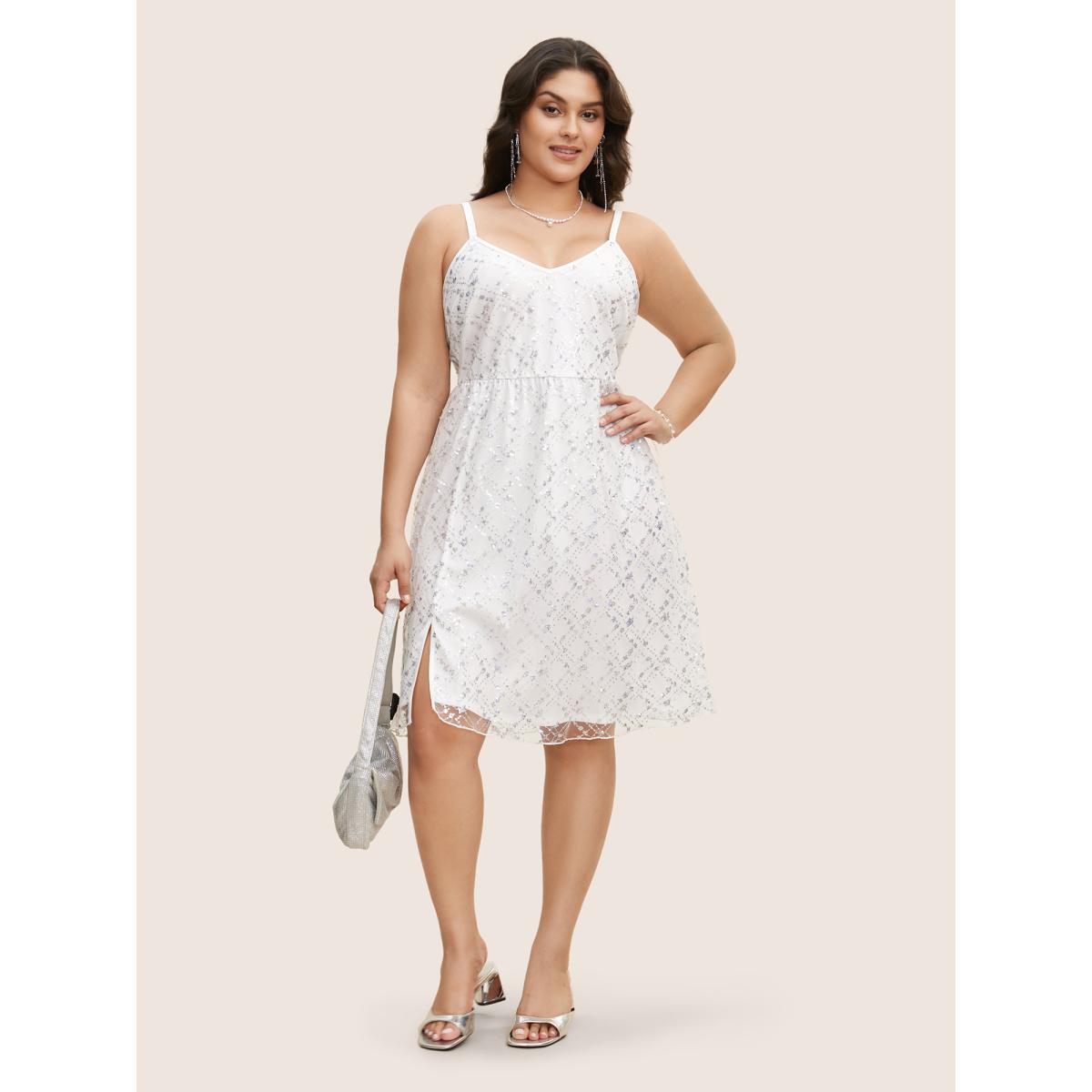 Plus Size Geometric Sequin Mesh Split Hem Midi Dress Silver Women Cocktail Texture V-neck Sleeveless Curvy BloomChic 14-16/1X Product Image