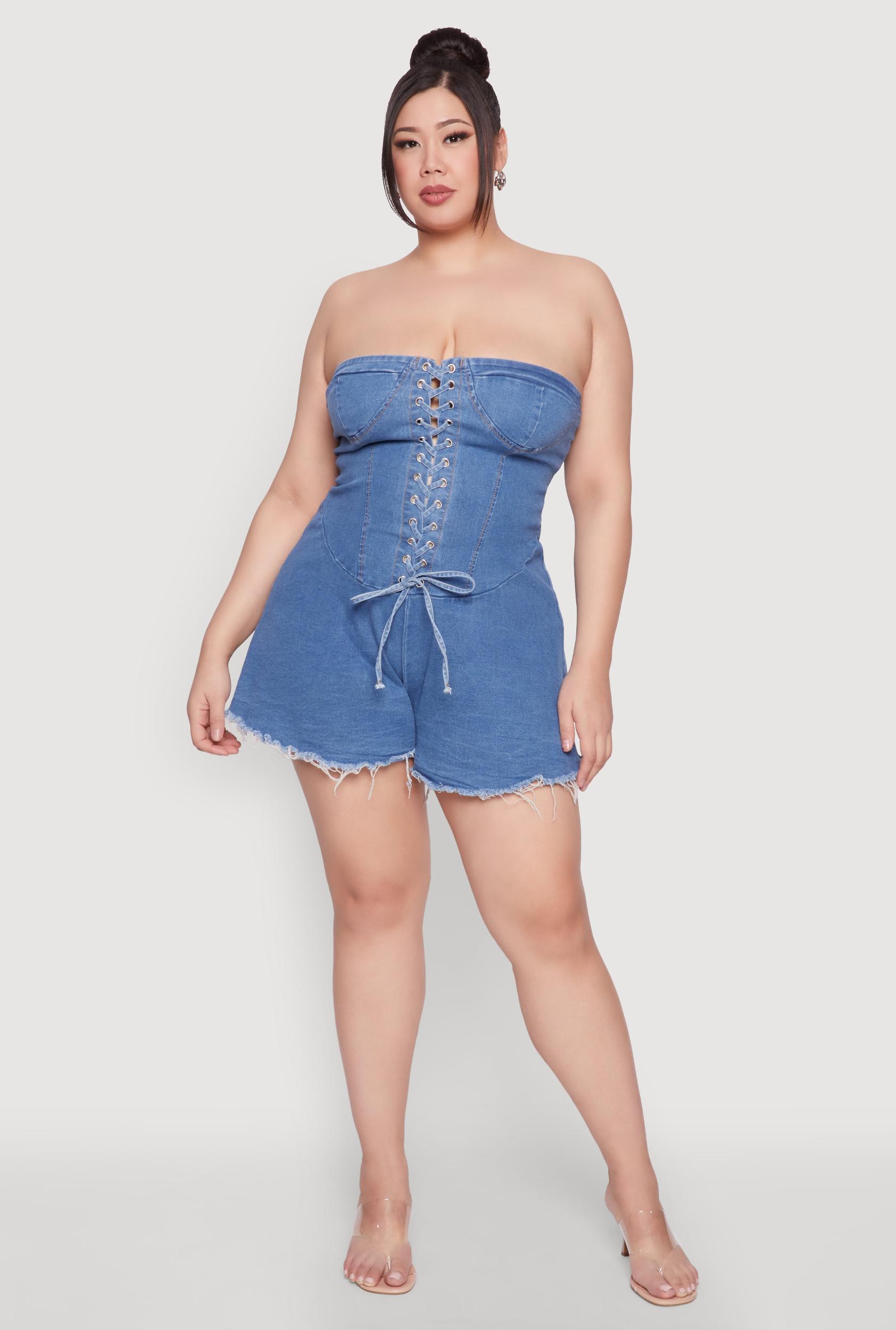 Womens Plus Size Daisy Strapless Lace Up Denim Romper Product Image