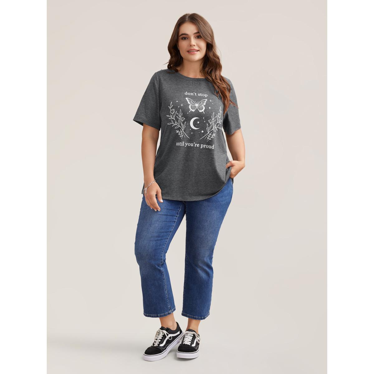 Plus Size Positive Vibes Print Crew Neck T-Shirt DimGray Women Casual Non Butterfly Round Neck Everyday T-shirts BloomChic 12/L Product Image