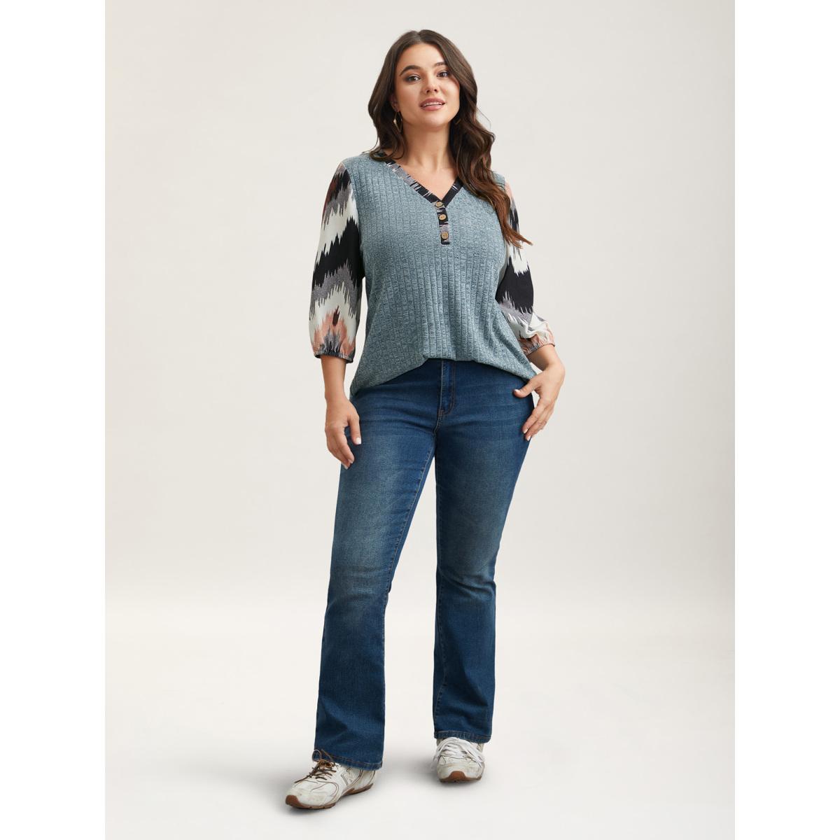 Plus Size Textured Spliced V-Neck T-Shirt Cerulean Women Casual Texture Polo Everyday T-shirts BloomChic 26/4X Product Image