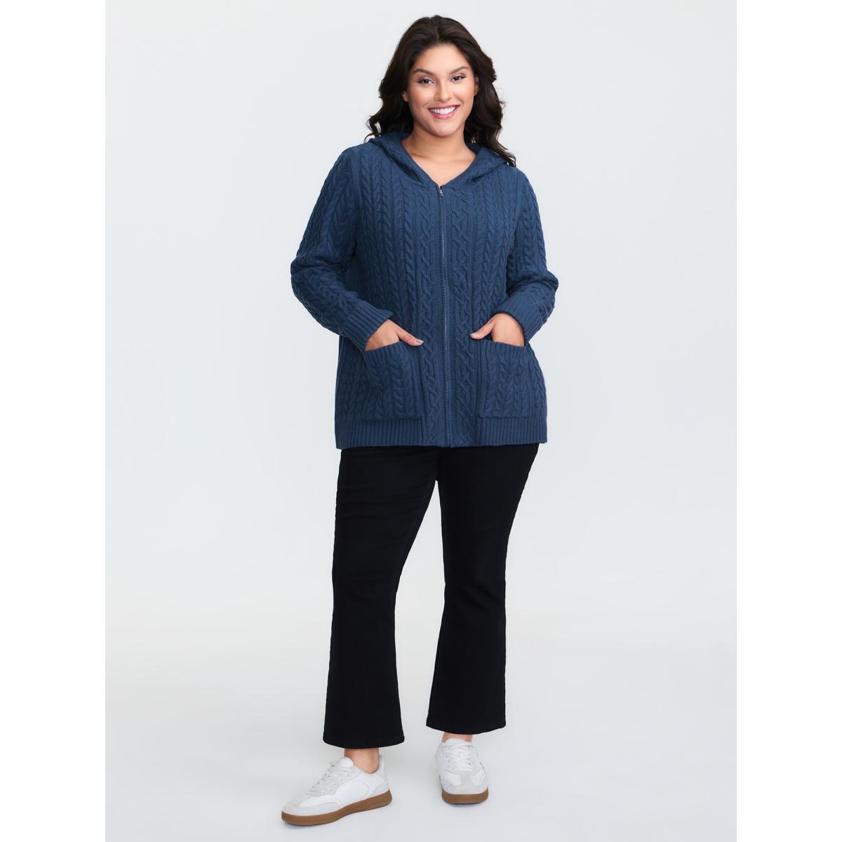 Plus Size Cableknit Zipper Hooded Knit Cardigan Aegean Women Leisure Loose Long Sleeve Casual Cardigans BloomChic 28/5X Product Image