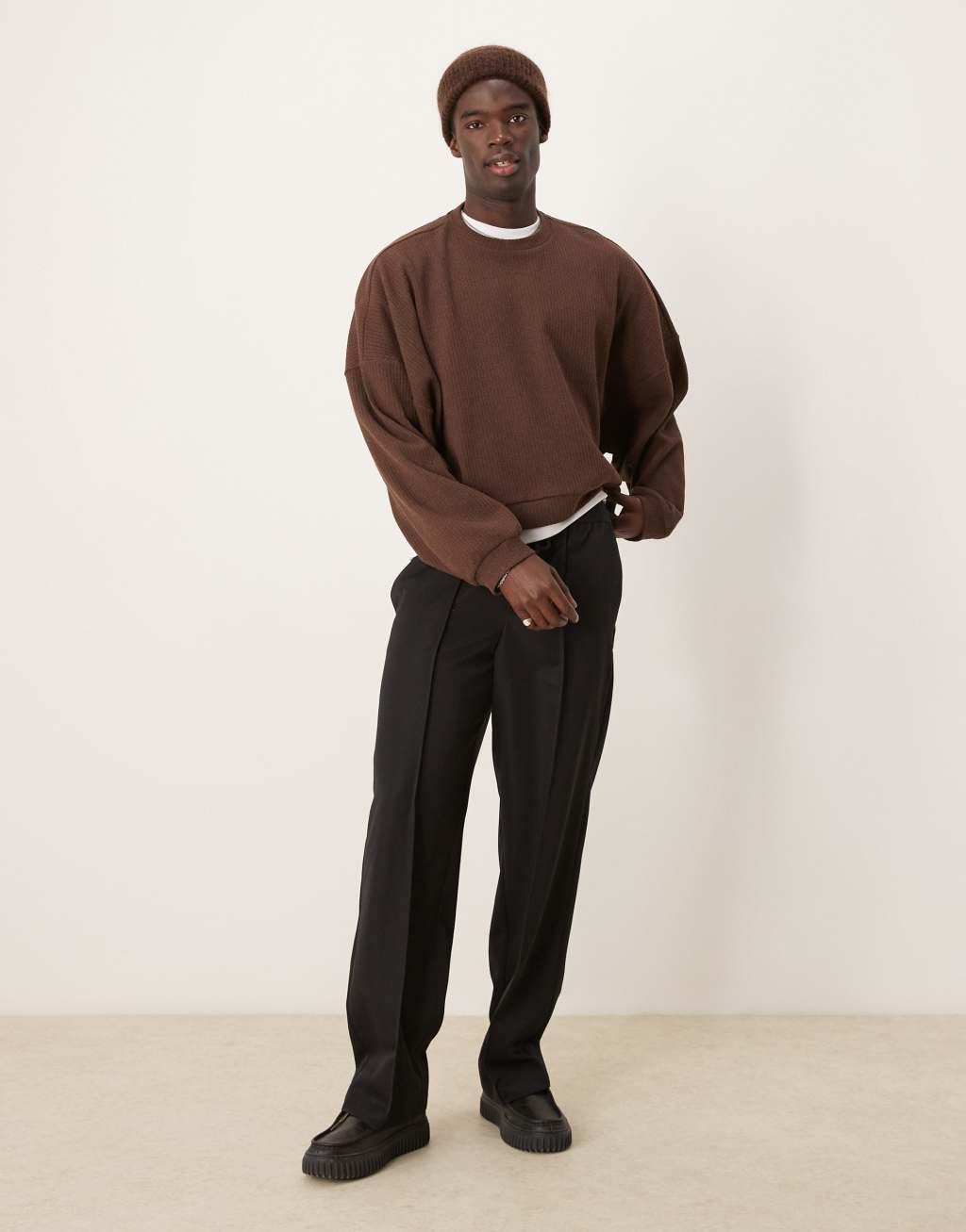 ASOS DESIGN extreme oversized cropped lightweight sweater with brushed rib in brown Product Image