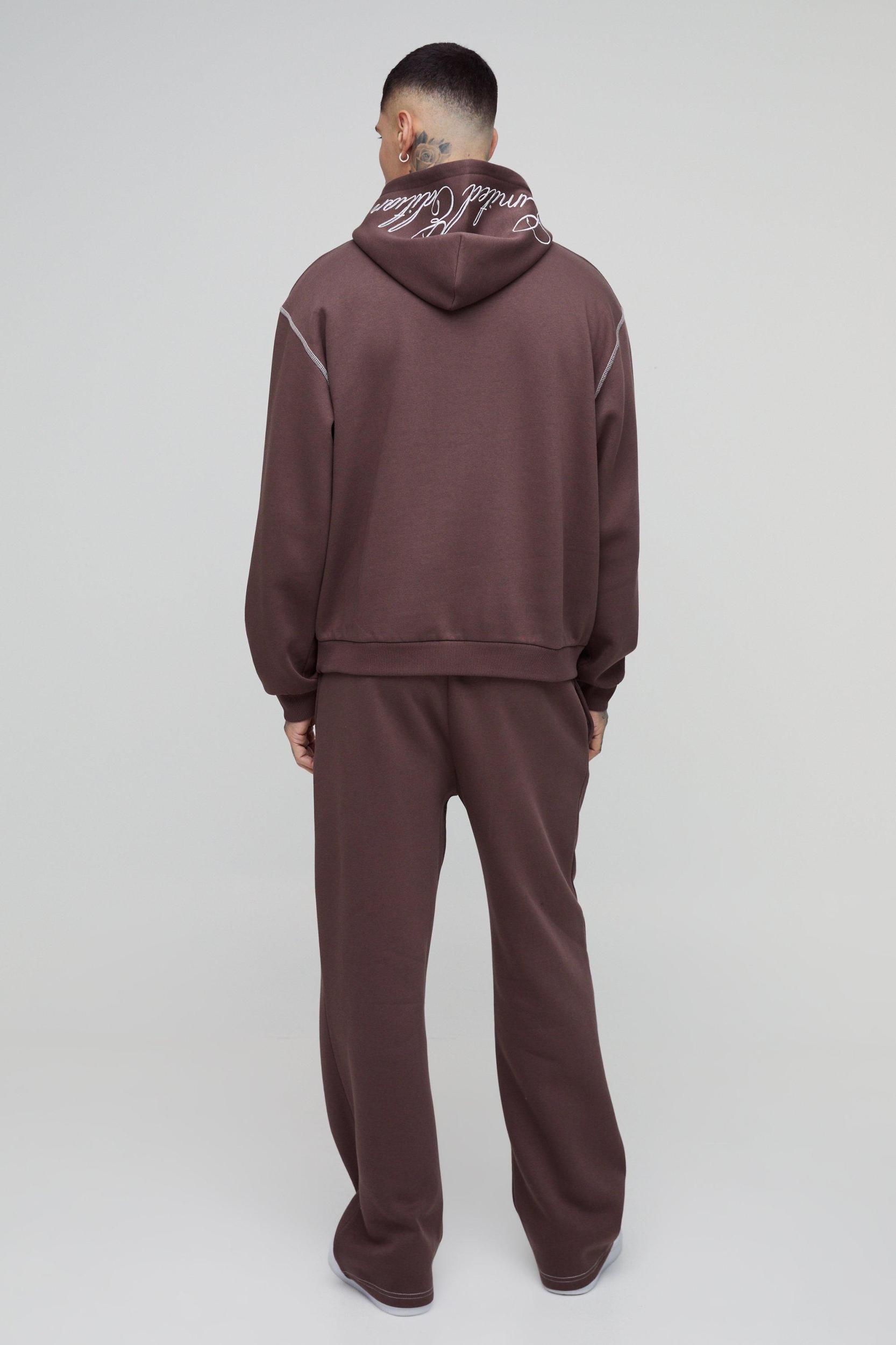 Tall Oversized Boxy Twill Applique Contrast Stitch Hooded Tracksuit | boohooMAN USA Product Image