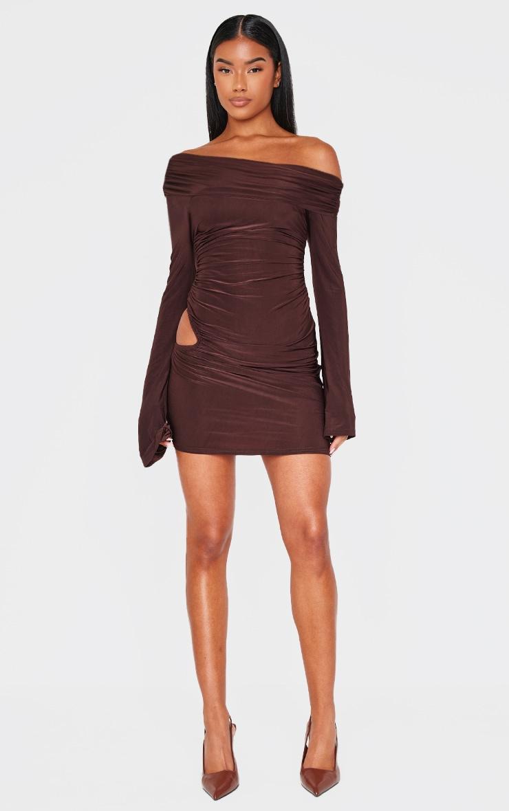 Chocolate Double Slinky Asymmetric Cut Out Mini Dress Product Image