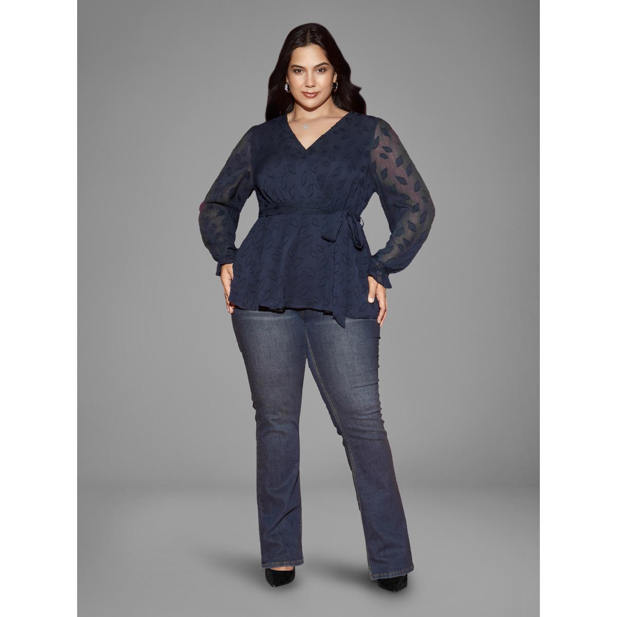 Plus Size Indigo Burn-out Fabric Surplice Neckline Shirt Women Cocktail Long Sleeve Overlap Collar Party Blouses BloomChic 18-20/2X Product Image