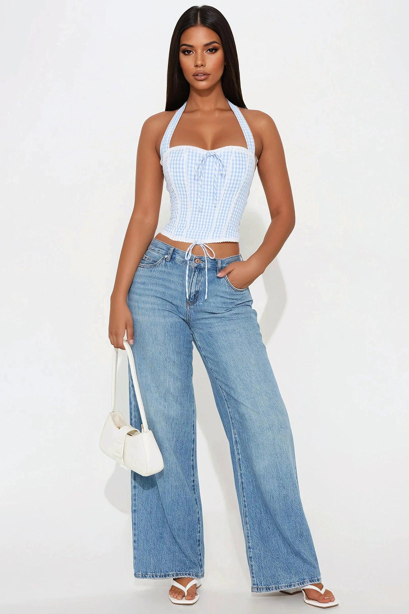 Sunset Walks Gingham Corset Top - Blue/combo Product Image
