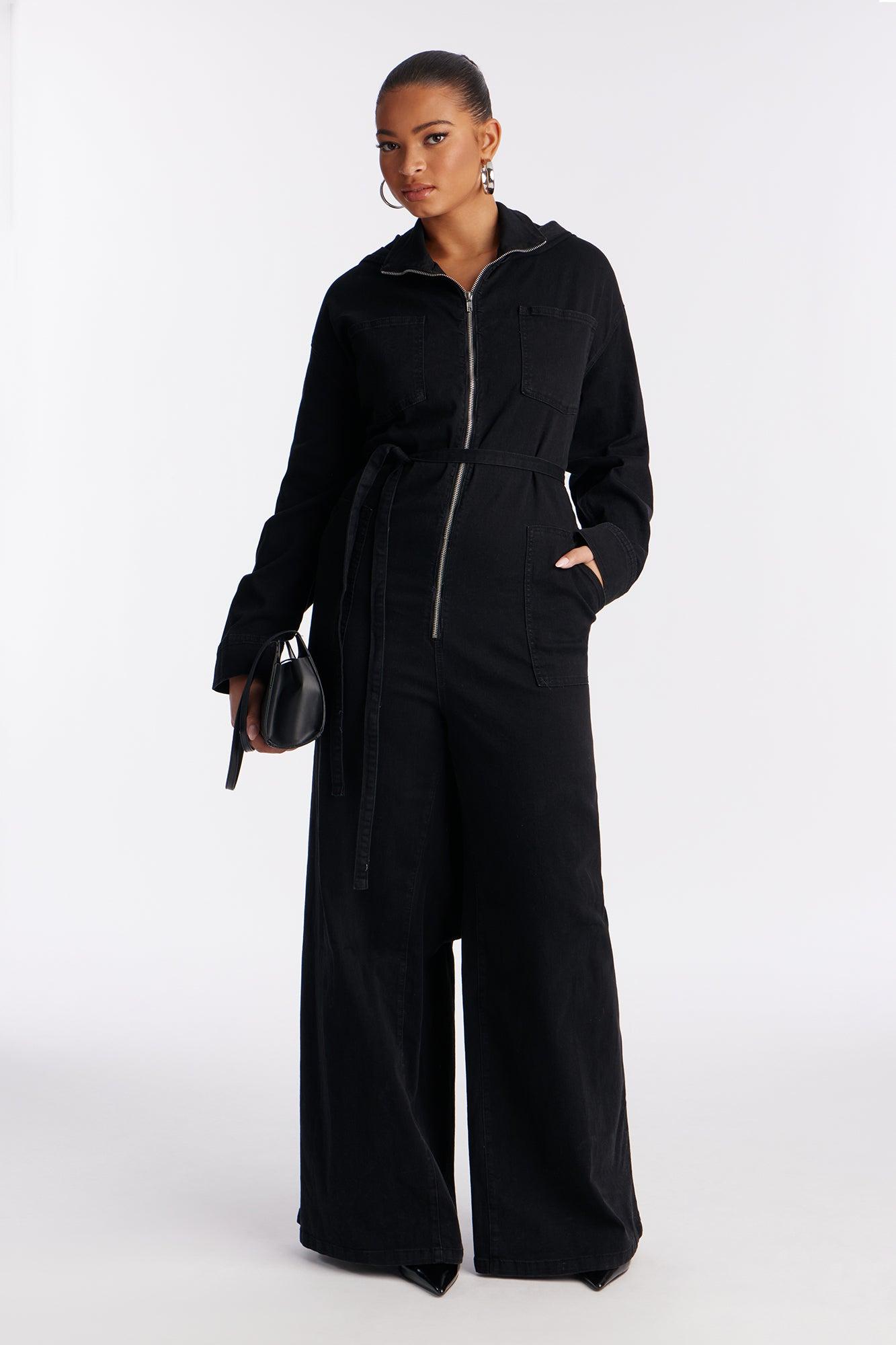Mya Cinched Waist Hooded Denim Jumpsuit - Black Female Product Image