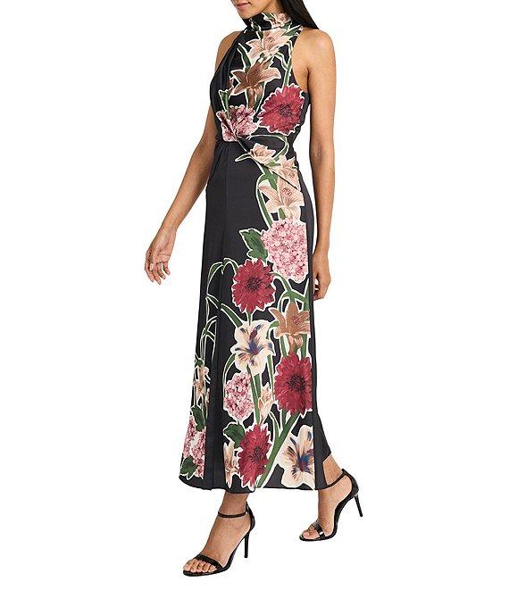 Maggy London Mock Neck Floral Print Satin Charmeuse Twist Front Blouson Maxi Dress Product Image