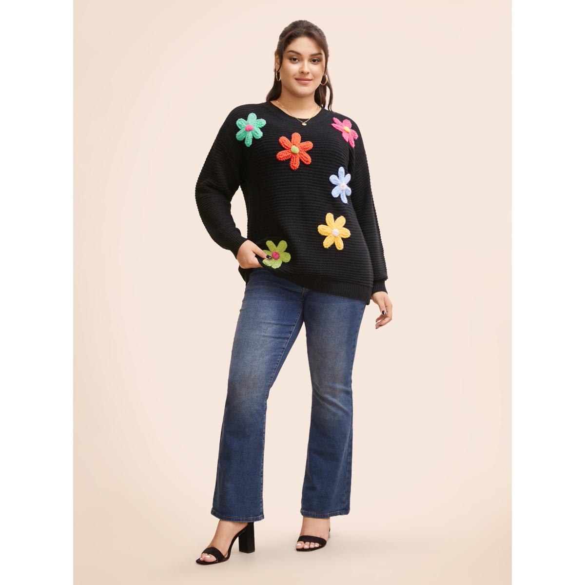 Plus Size Colored Crochet Floral Drop Shoulder Sleeve Pullover Black Women Casual Loose Three Quater Length Sleeve Round Neck Everyday Pullovers BloomChic 12/L Product Image