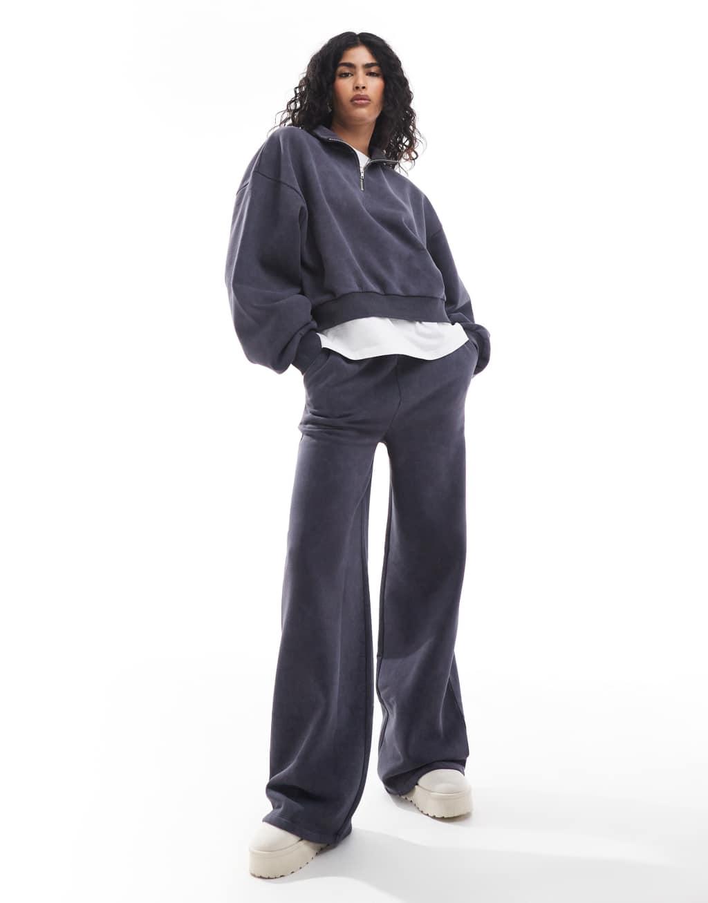 ASOS DESIGN high neck zip up sweatshirt with balloon sleeve in washed gray - part of a set Product Image