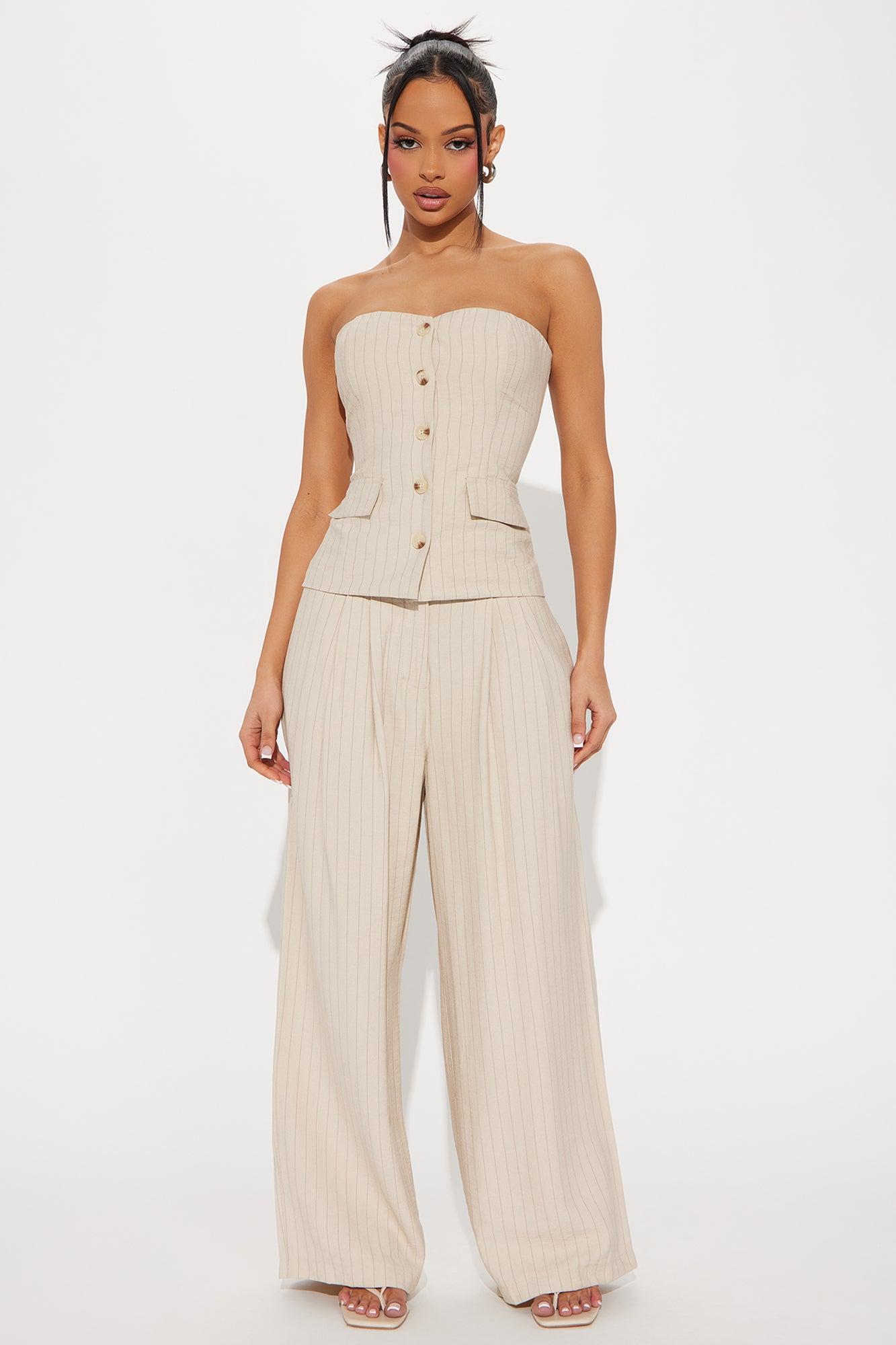 Layla Pinstripe Linen Pant Set - Beige Product Image