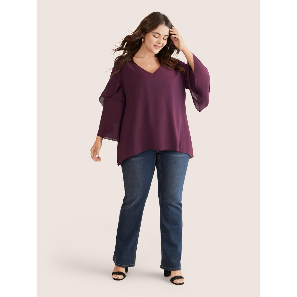 Plus Size Purple Anti-Wrinkle Tiered Flounce Sleeve Chiffon Blouse Women Elegant Elbow-length sleeve V-neck Everyday Blouses BloomChic 10/M Product Image