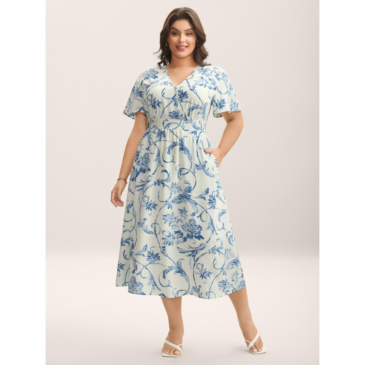 Plus Size Artistic Floral Pattern Surplice Neck Midi Dress Stone Women Overlap Collar Short sleeve Curvy BloomChic 18-20/2X Product Image