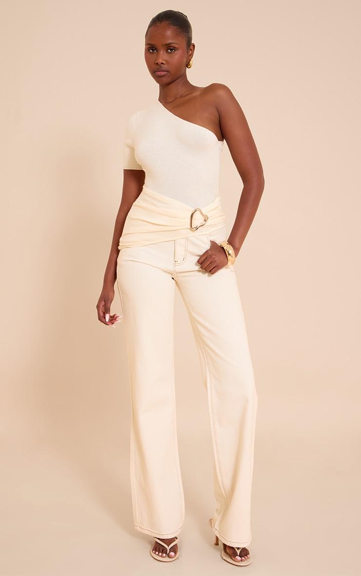 Cream One Shoulder Asymmetric Trim Detail Knit Top Product Image