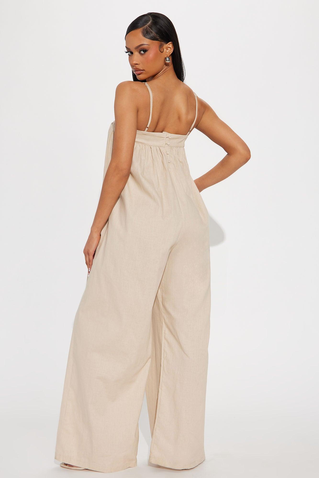 Walk On The Beach Linen Jumpsuit - Beige Product Image