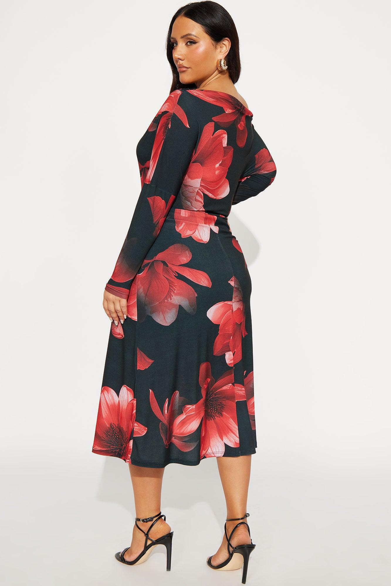 Brea Long Sleeve Floral Midi Dress - Black/Red Female Product Image