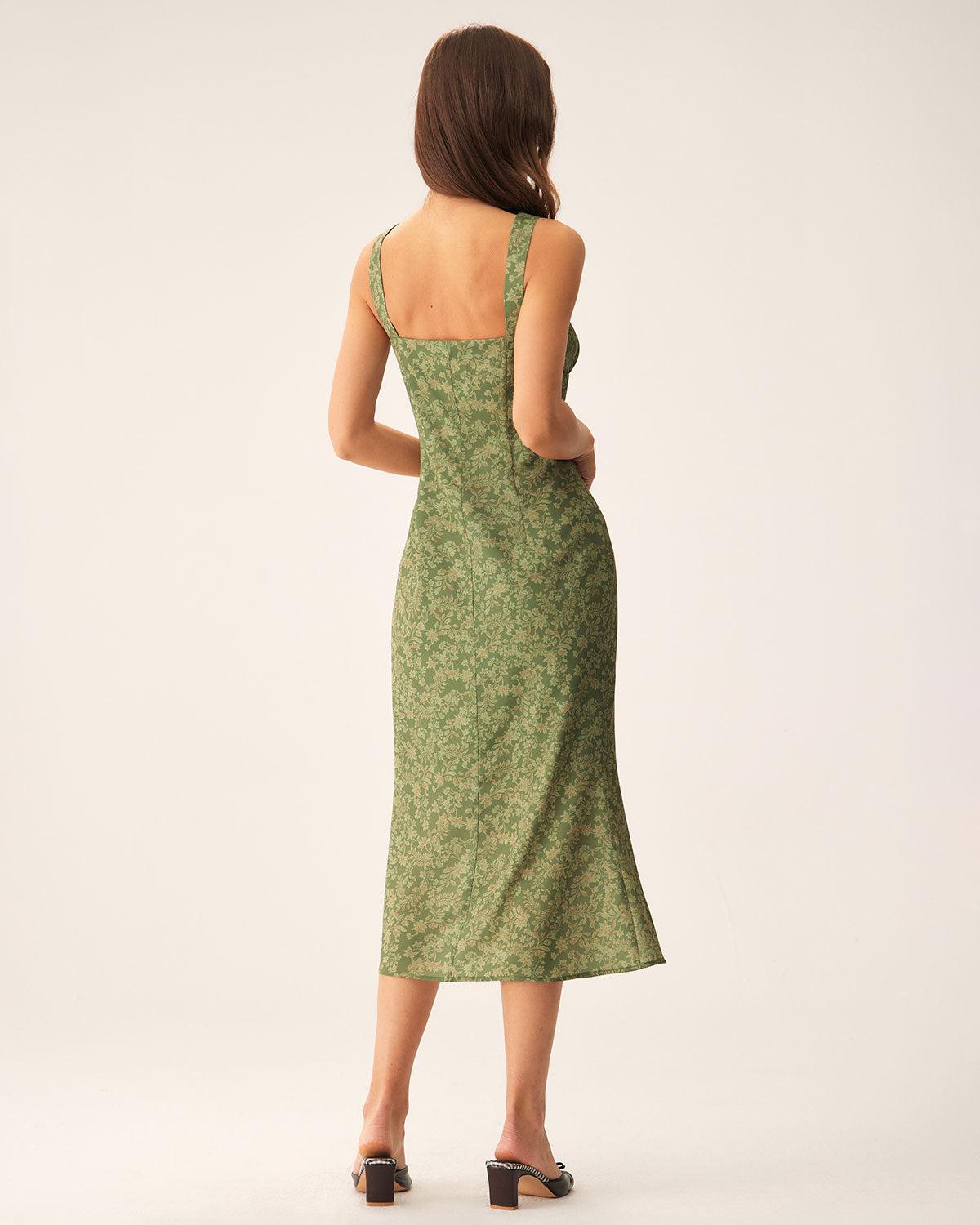 Green Floral Square Neck Slip Midi Dress Product Image