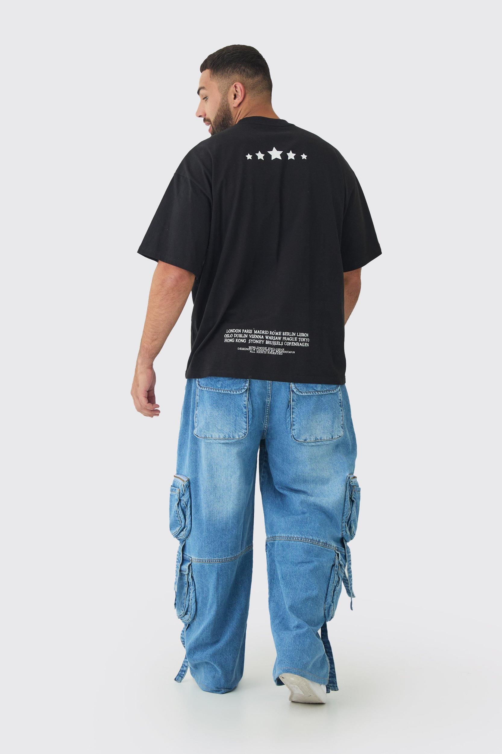 Plus Baggy Rigid Multi Pocket Strap Detail Cargo Jeans | boohooMAN USA Product Image