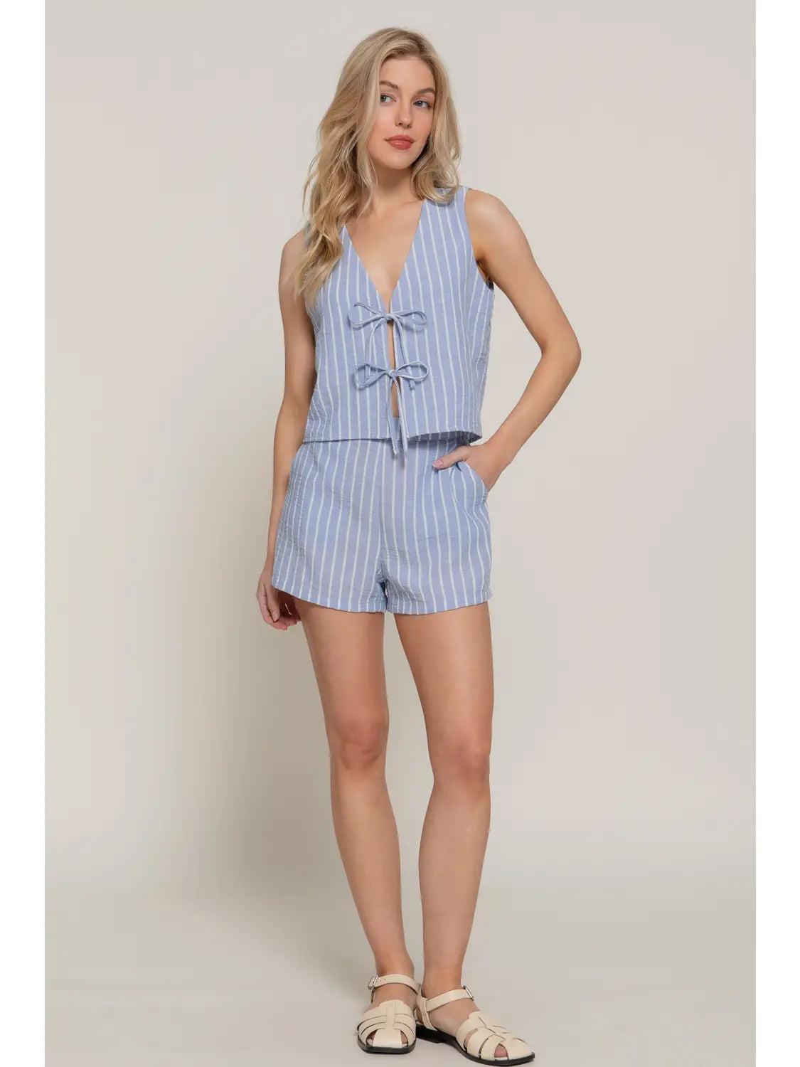 Blue and White V-Neck Front Tie Vest & Stripe Woven Short Pants Set Product Image