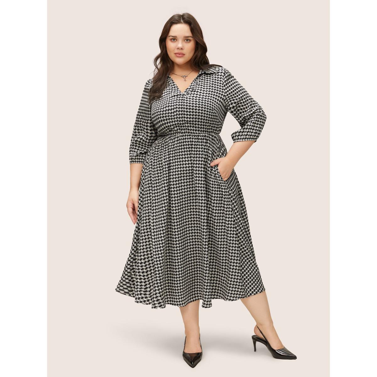 Plus Size Geometric Colorblock Lapel Collar Elastic Waist Dress Black Women At the Office Non Lapel Collar Elbow-length sleeve Curvy Midi Dress BloomChic 14-16/1X Product Image