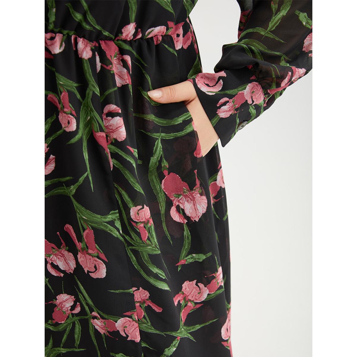 Plus Size Floral Print Chiffon Split Side Elastic Waist Dress Black Women Elegant Printed V-neck Long Sleeve Curvy Midi Dress BloomChic 12/L Product Image