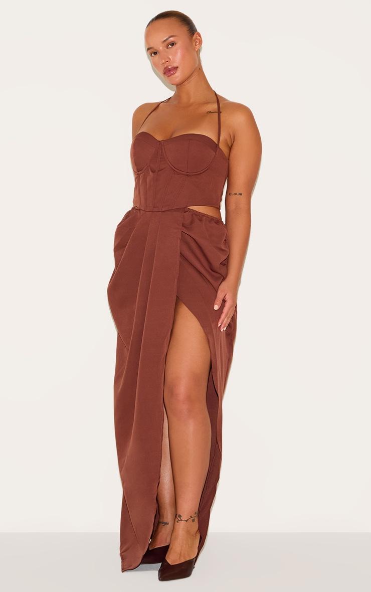 Plus Chocolate Corset Ruched Maxi Dress Product Image