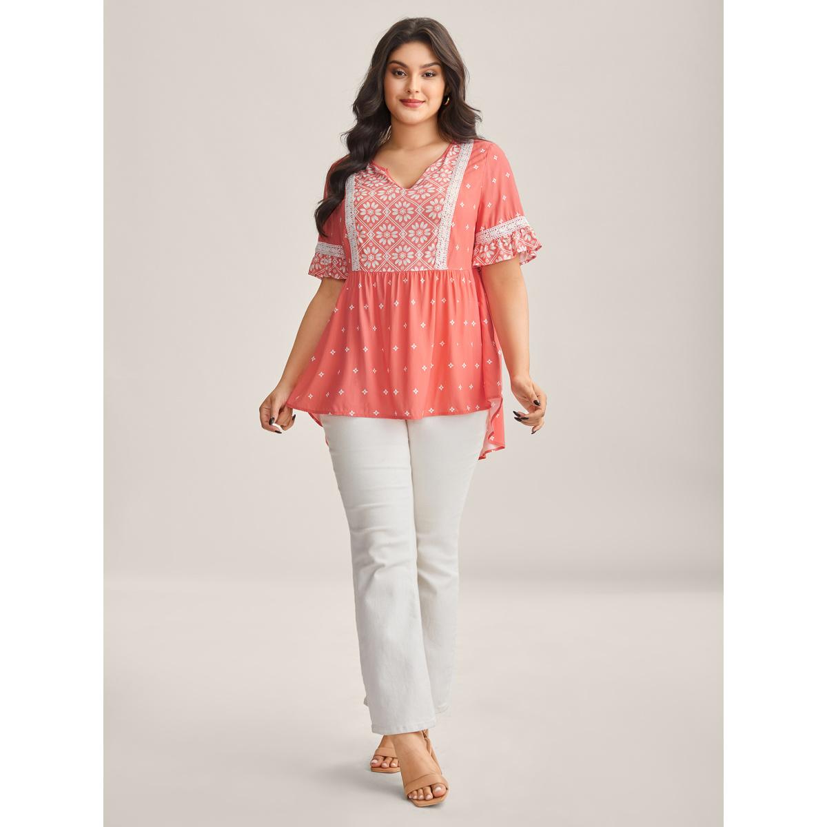 Plus Size OrangeRed Boho Print Lace Babydoll Top Women Half Sleeve Flat collar with V-notch Everyday-Elegant Blouses BloomChic 10/M Product Image