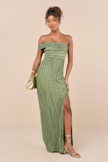 Poised Performance Olive Green Plisse One-Shoulder Maxi Dress Product Image