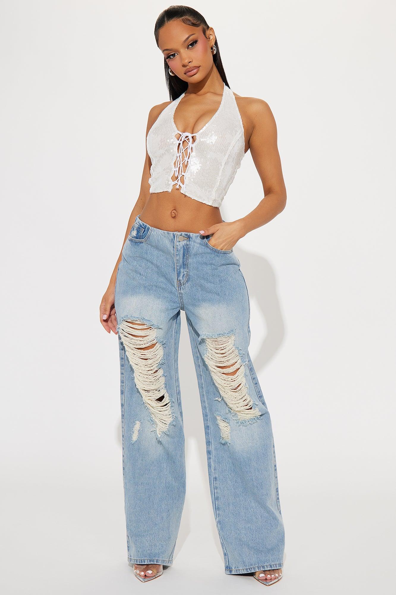 Taesha Non Stretch Destructed Wide Leg Jeans - Medium Wash Product Image