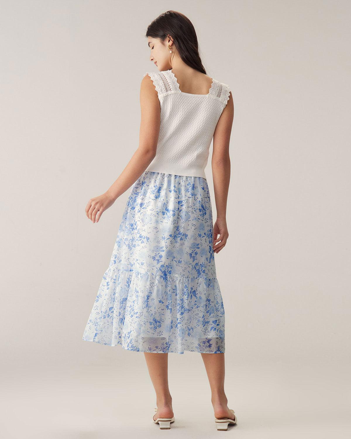 Blue Floral Flared Midi Skirt Product Image