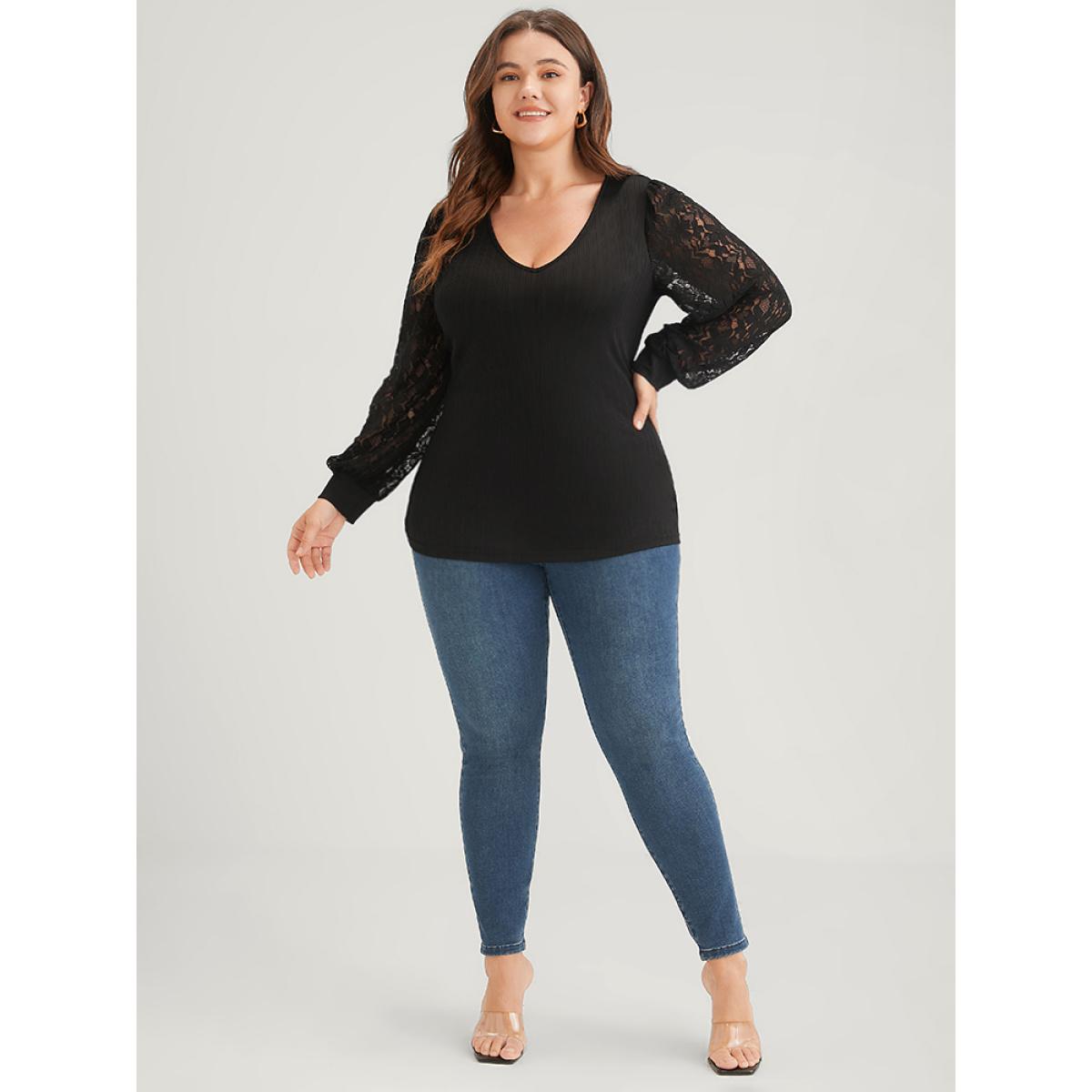 Plus Size Solid Rib Knit Contrast Lace Lantern Sleeve Long Tee Black Women Elegant Plain Plain V-neck Dailywear T-shirts BloomChic 30/6X Product Image