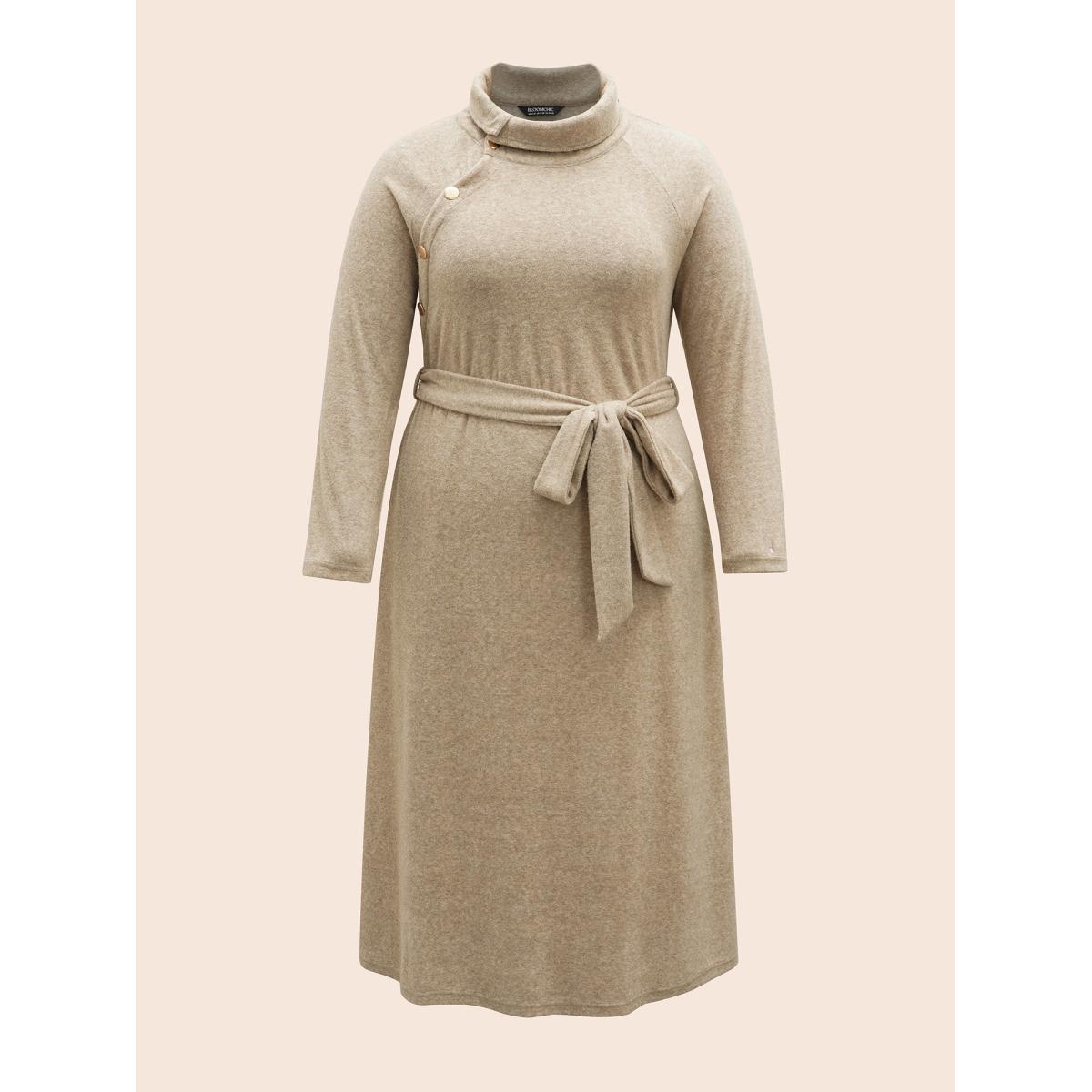 Plus Size Airy Cozy Button Bodice Placket Midi Dress LightBrown Women Casual Belted Knit Dresses Bloomchic 30/6X Product Image