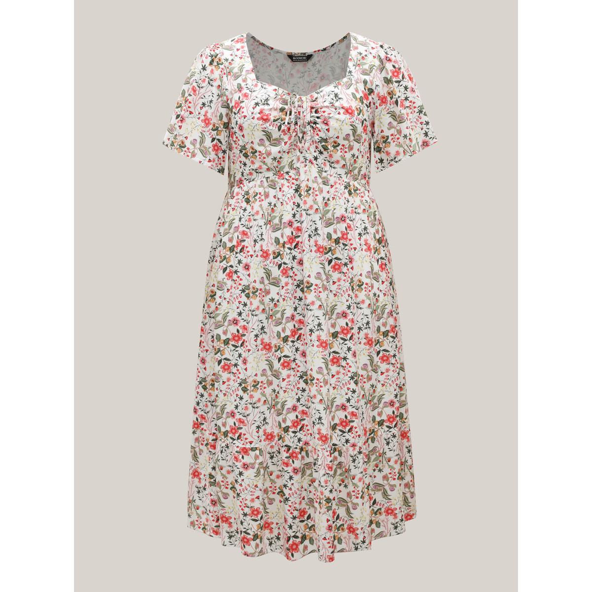 Plus Size Rayon Fruity Print Drawstring Midi Dress Blush Women Heart neckline Short sleeve Curvy BloomChic 22-24/3X Product Image