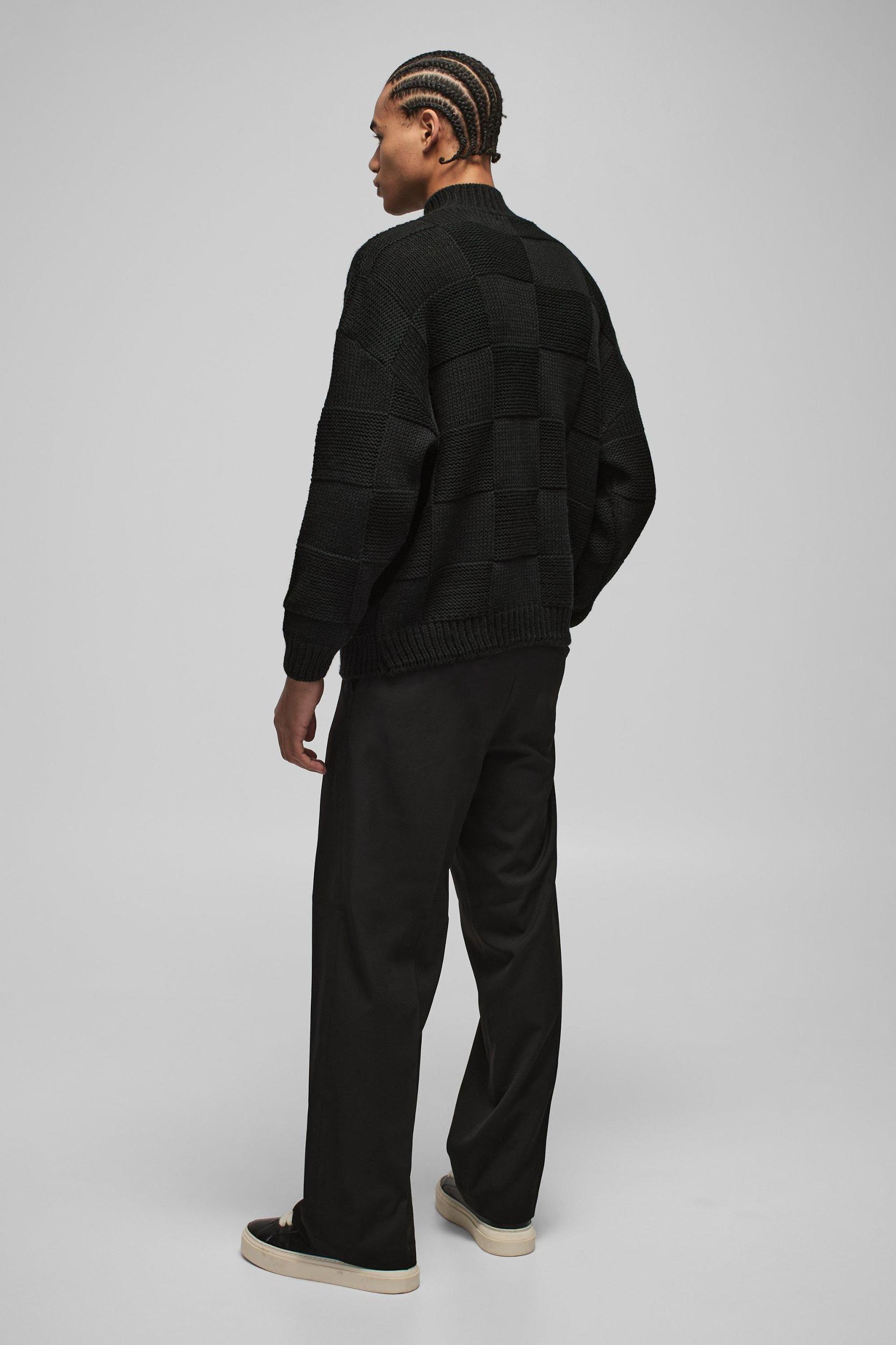 Oversized Plaid Funnel Neck Knitted Sweater | boohooMAN USA Product Image